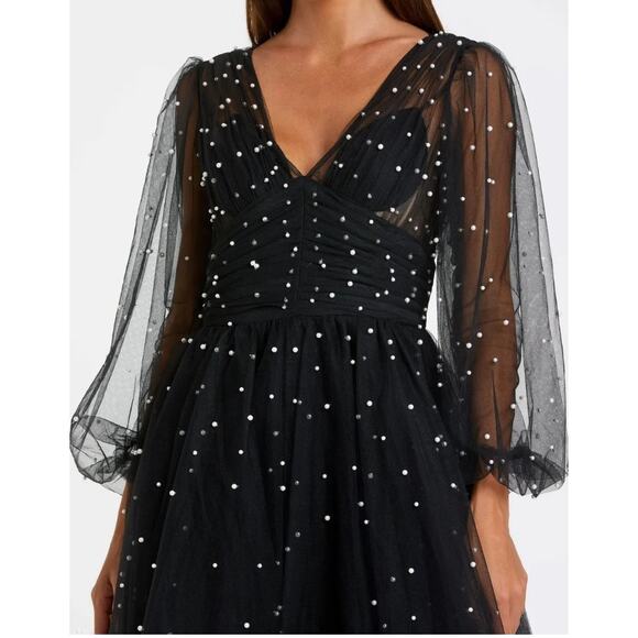 Mac Duggal Black Long Sheer Sleeve Draped Pearl Beaded Gown, Sz 12, NWT - Picture 2 of 8